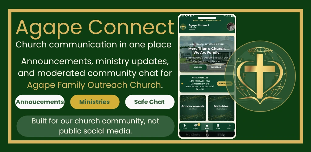 Agape Connect church communication artwork with announcements, ministries, safe chat, and an app preview
