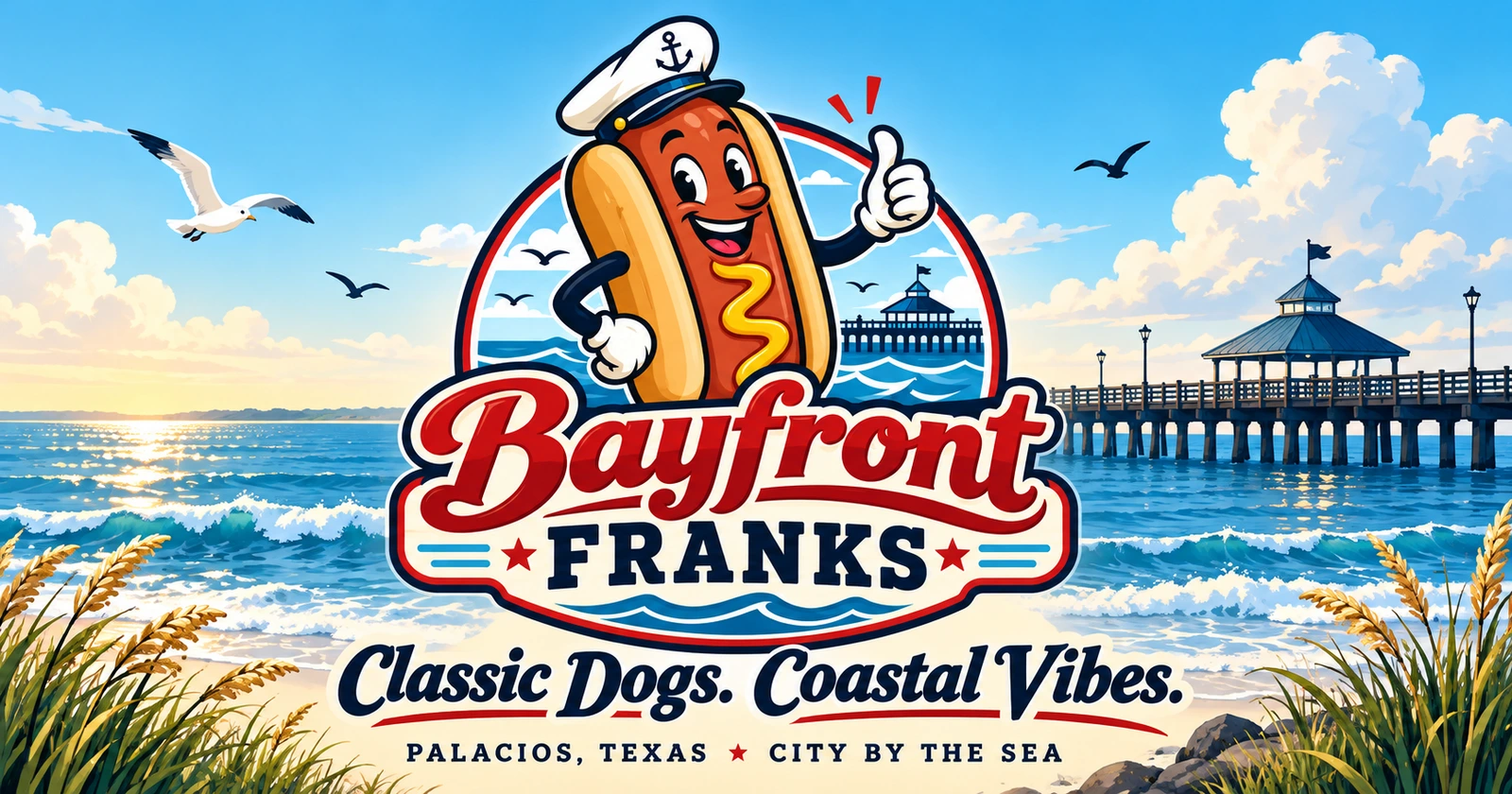 Bayfront Franks coastal celebration artwork with its hot dog captain logo and Palacios pier