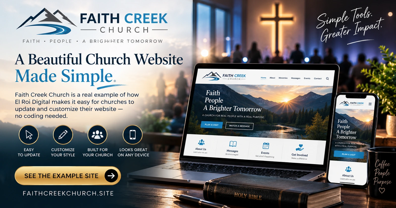 Faith Creek Church website artwork showing its logo and laptop and phone previews
