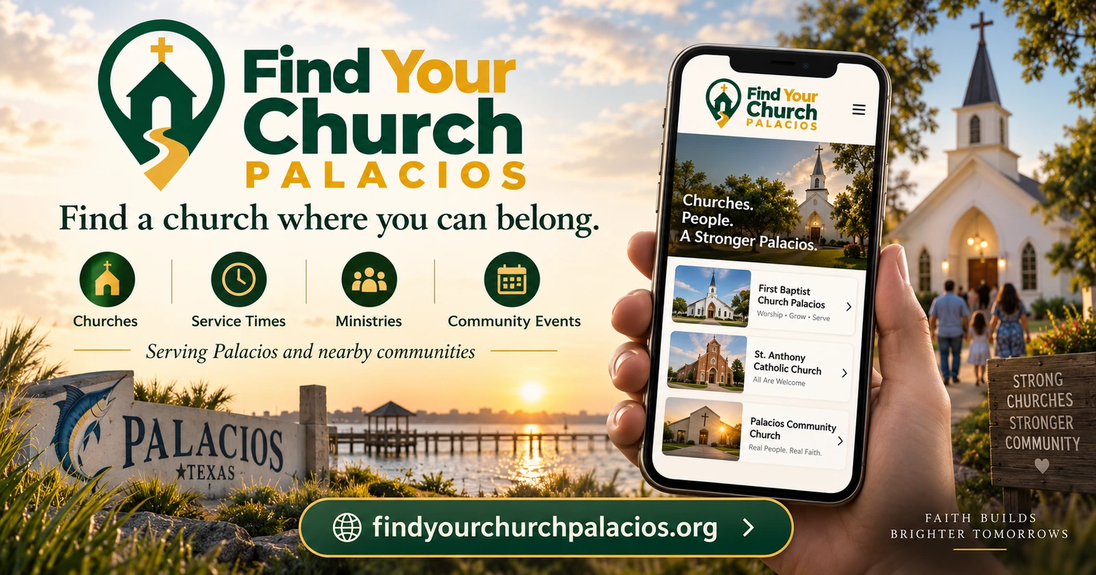 Find Your Church Palacios directory artwork with a mobile church listing and Palacios waterfront