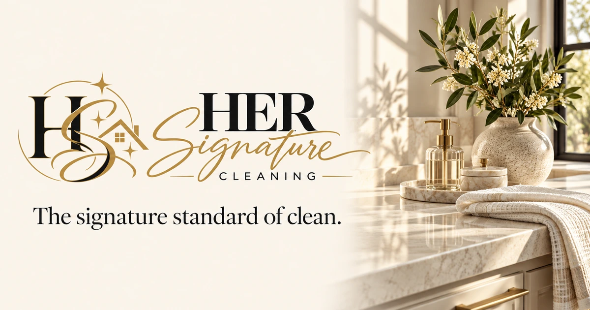HER Signature Cleaning logo and signature standard of clean artwork in an elegant kitchen setting