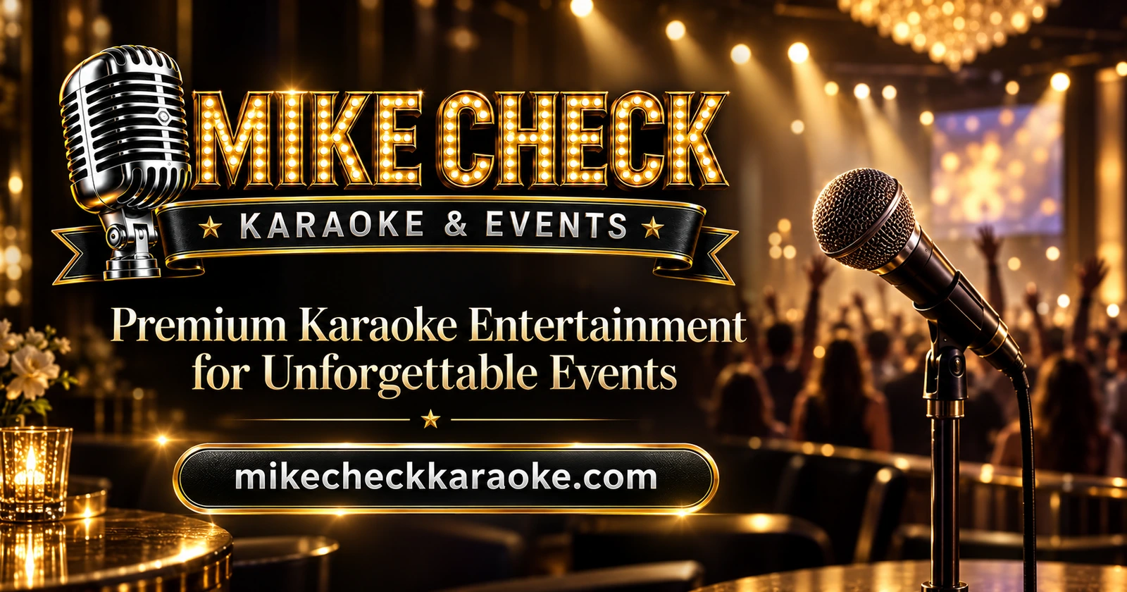 Mike Check Karaoke and Events promotional artwork with gold lettering and microphones