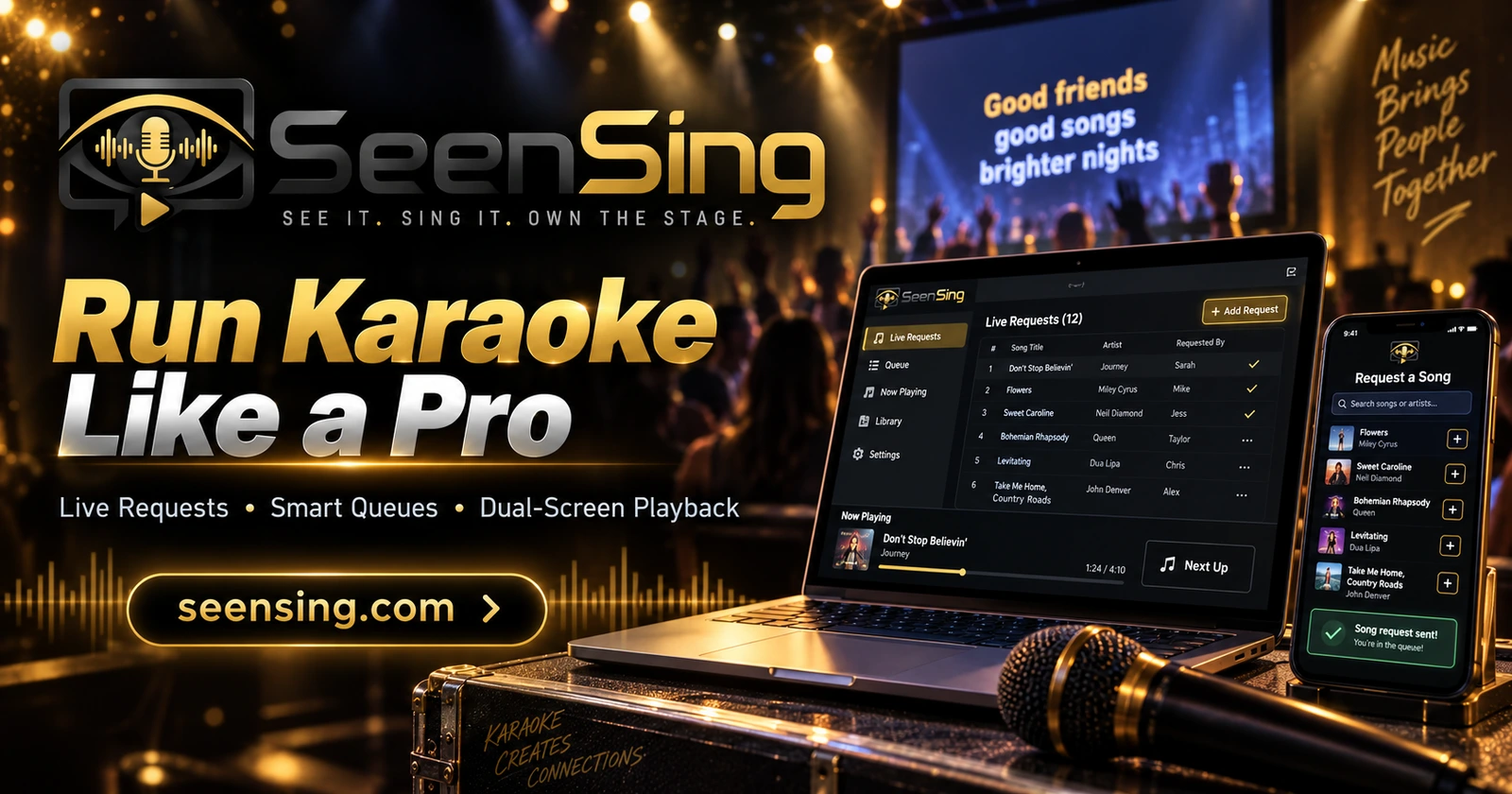 SeenSing karaoke platform artwork with live request and queue previews on a laptop and phone