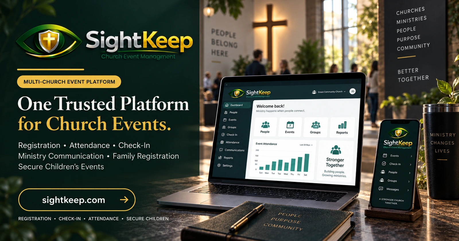 SightKeep church event management artwork with laptop and phone previews