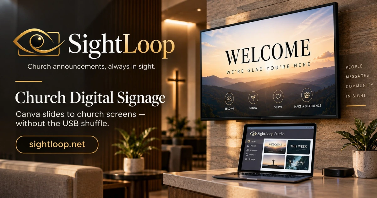 SightLoop church digital signage artwork with a welcome display and studio laptop