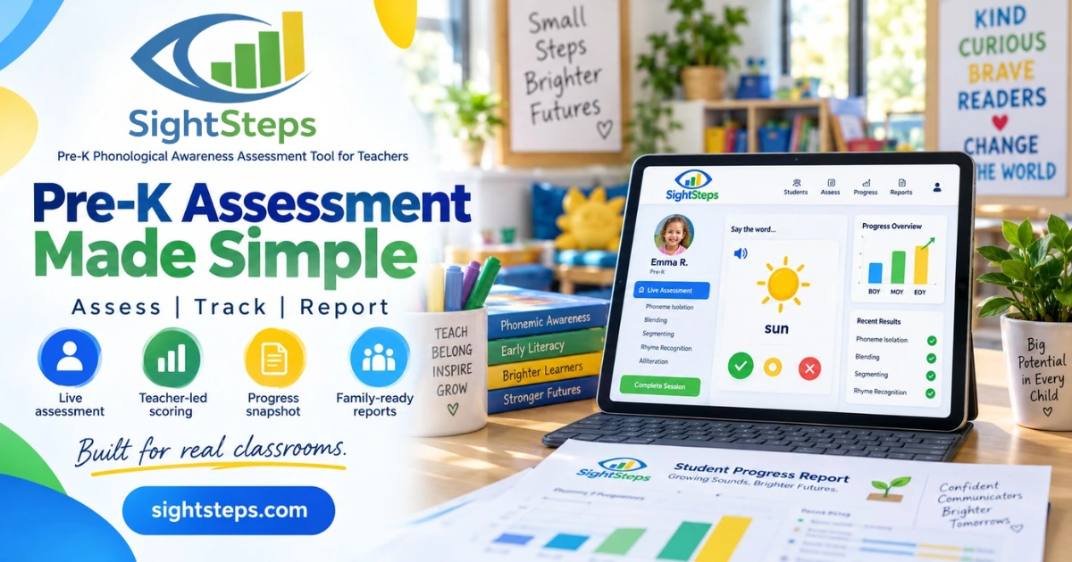 SightSteps Pre-K assessment artwork with a classroom tablet and student progress report