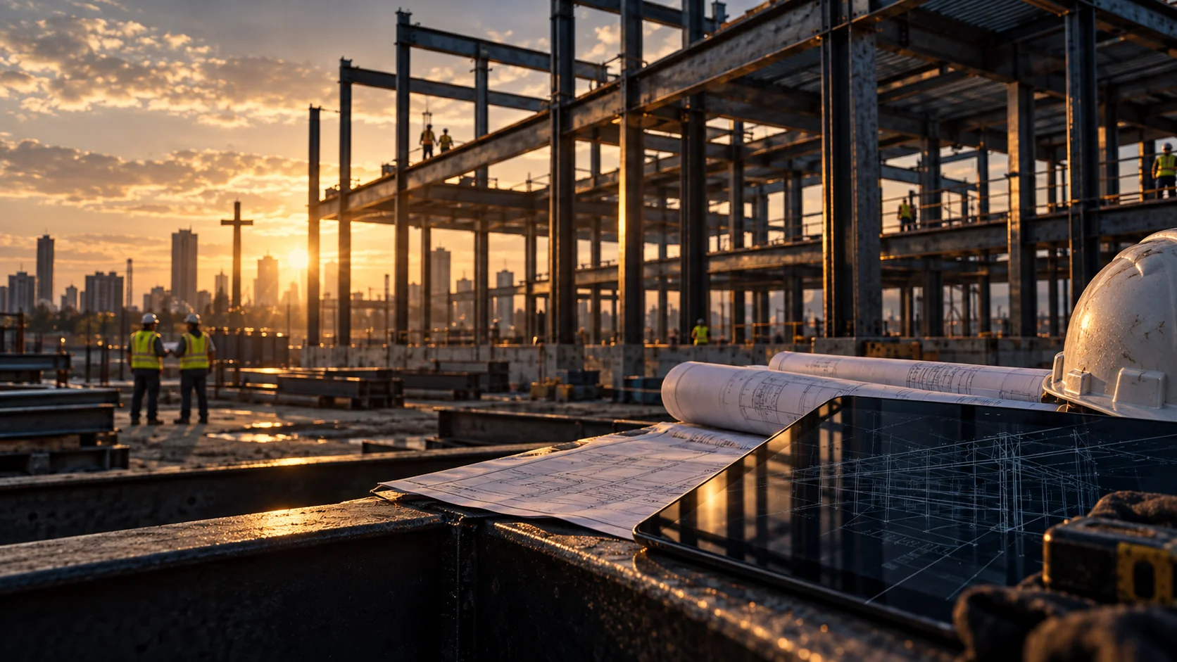 Industrial steel framing, construction drawings, and estimating technology at sunset