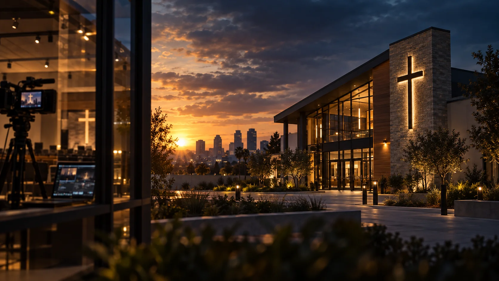 Contemporary church with livestream production equipment at sunset