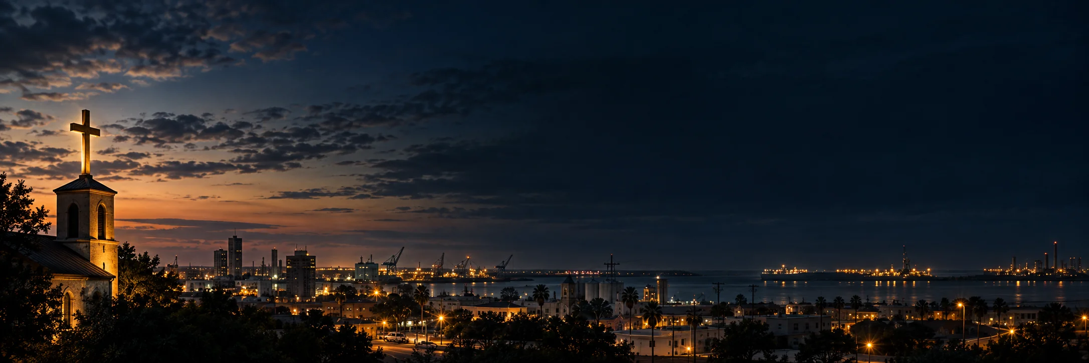 A church cross overlooking the Palacios waterfront and industrial lights at blue hour