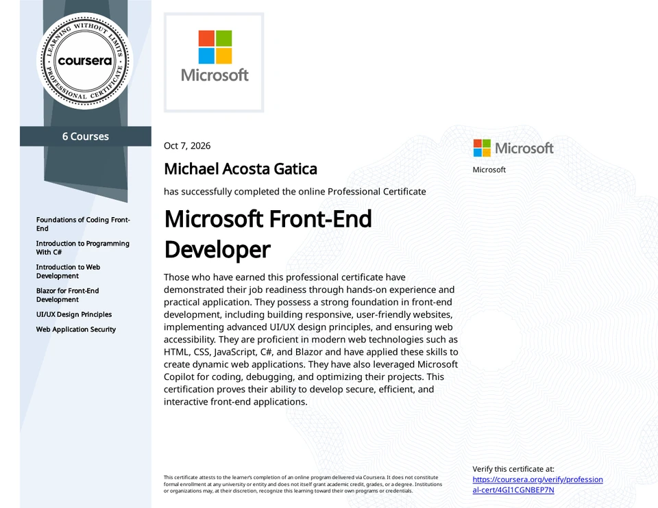 Microsoft Front-End Developer Professional Certificate awarded to Michael Acosta Gatica through Coursera
