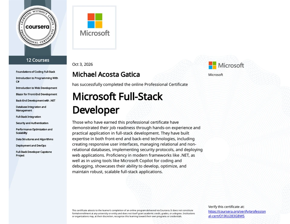 Microsoft Full-Stack Developer Professional Certificate awarded to Michael Acosta Gatica through Coursera