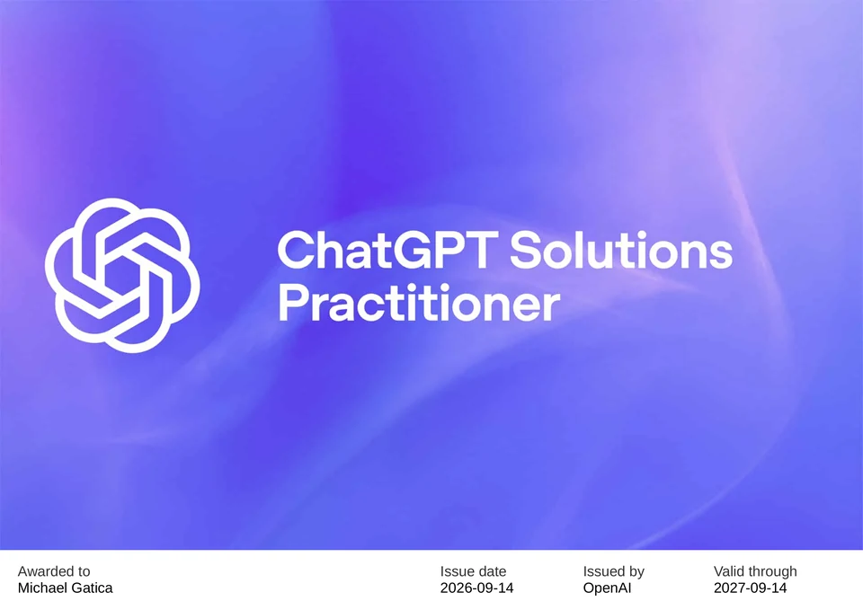 ChatGPT Solutions Practitioner certificate awarded to Michael Gatica by OpenAI